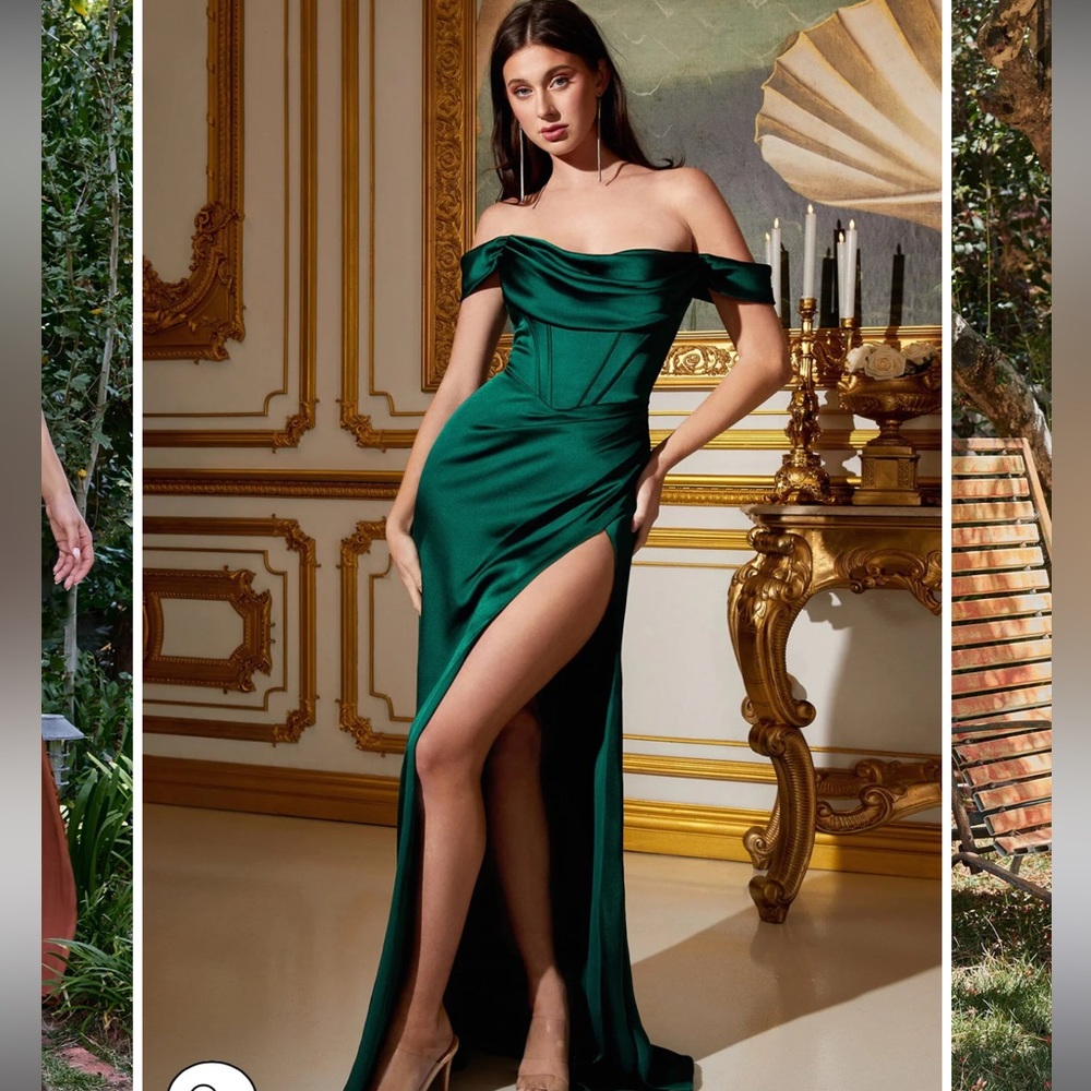 emerald satin corset slit gown dress